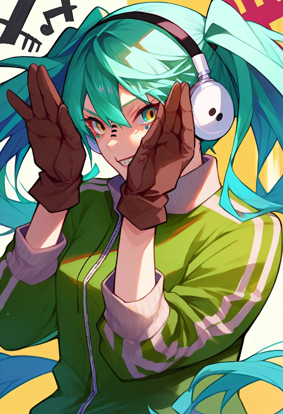 <lora:vocaloid_matryoshkamiku_ponyXL:1> matryoshkamiku, aqua hair, twintails, multicolored eyes, headphones, green jacket, track jacket, brown gloves, grin, rabbit pose, hands on own head, <lora:Ban!_(bansankan)_PonyXL_style_v01:1> cowboy shot,, score_9, score_8_up, score_7_up, source_anime,
