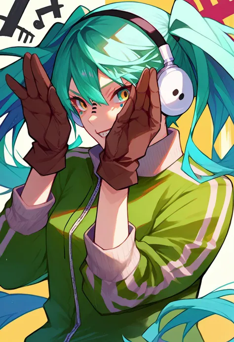 <lora:vocaloid_matryoshkamiku_ponyXL:1> matryoshkamiku, aqua hair, twintails, multicolored eyes, headphones, green jacket, track jacket, brown gloves, grin, rabbit pose, hands on own head,  <lora:Ban!_(bansankan)_PonyXL_style_v01:1> cowboy shot,, score_9, score_8_up, score_7_up, source_anime,