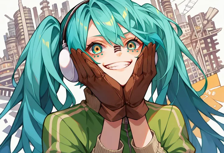 <lora:vocaloid_matryoshkamiku_ponyXL:1> matryoshkamiku, aqua hair, twintails, multicolored eyes, headphones, green jacket, track jacket, brown gloves, hands on own cheeks, grin, palms, open hands, straight-on,, score_9, score_8_up, score_7_up, source_anime,