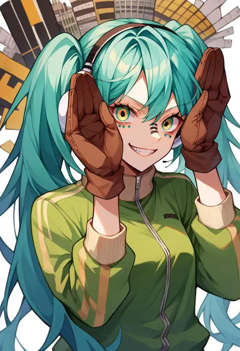 <lora:vocaloid_matryoshkamiku_ponyXL:1> matryoshkamiku, aqua hair, twintails, multicolored eyes, headphones, green jacket, track jacket, brown gloves, grin, rabbit pose, hands on own head,, score_9, score_8_up, score_7_up, source_anime,