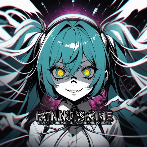 Score_9,score_8_up,score_7_up,source_anime,anime,depth of field,chromatic aberration,monochrome,horror \(theme\), black nails,breasts,hatsune miku, dark aura,evil,english text,album cover,"Dark Star",glowing,glowing eyes,wire,cable,<lora:vocaloid_matryoshkamiku_ponyXL:0.7>,matryoshkamiku,twintails,multicolored eyes,piercing,crazy,