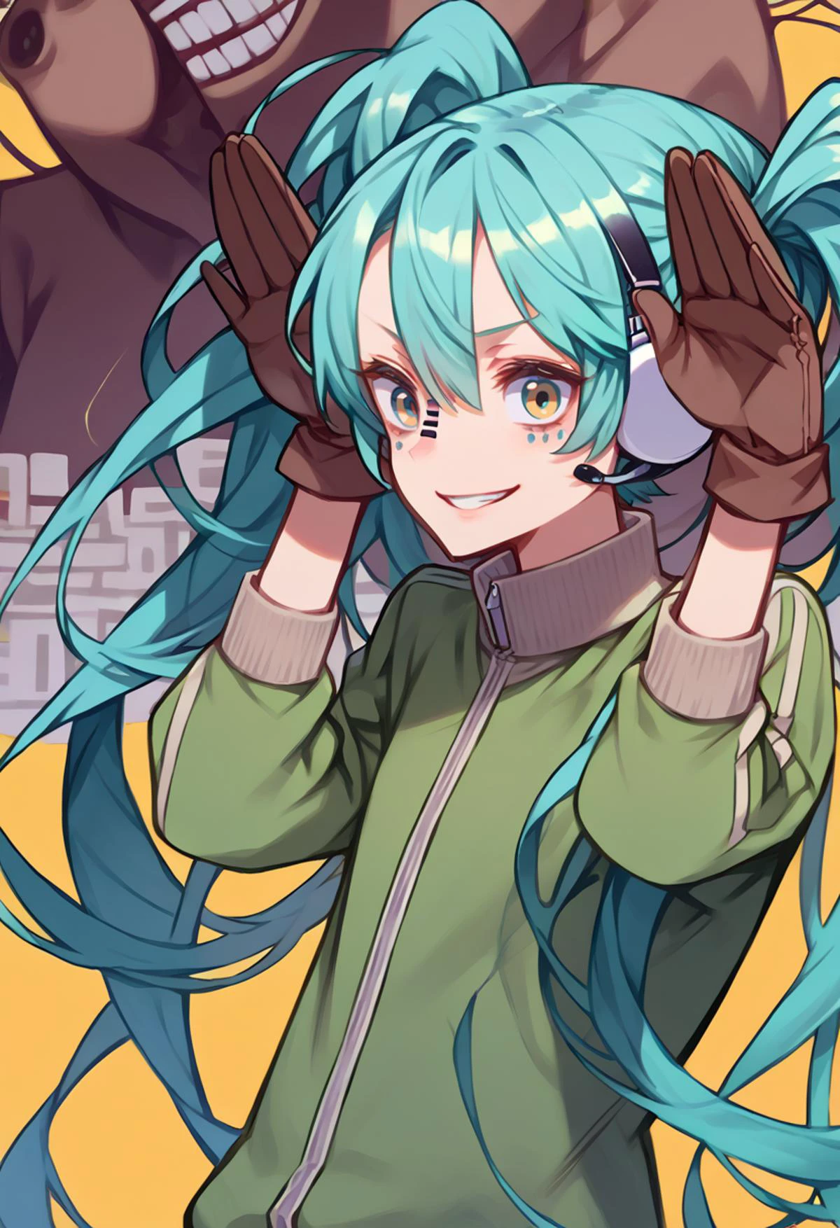 <lora:vocaloid_matryoshkamiku_ponyXL:1> matryoshkamiku, aqua hair, twintails, multicolored eyes, headphones, green jacket, track jacket, brown gloves, grin, rabbit pose, hands on own head, <lora:kuroboshi_kouhaku_PonyXL_style_v01:1>, score_9, score_8_up, score_7_up, source_anime,