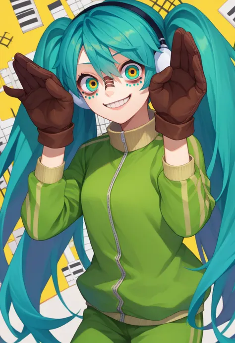 score_9, score_8_up, score_7_up, source_anime, solo, 1girl, matroyshkamiku, smile, looking at viewer, rabbit pose, twintails, headphones, multicolored eyes, crazy eyes, green jacket, track jacket, green pants, brown gloves <lora:vocaloid_matryoshkamiku_ponyXL:1>