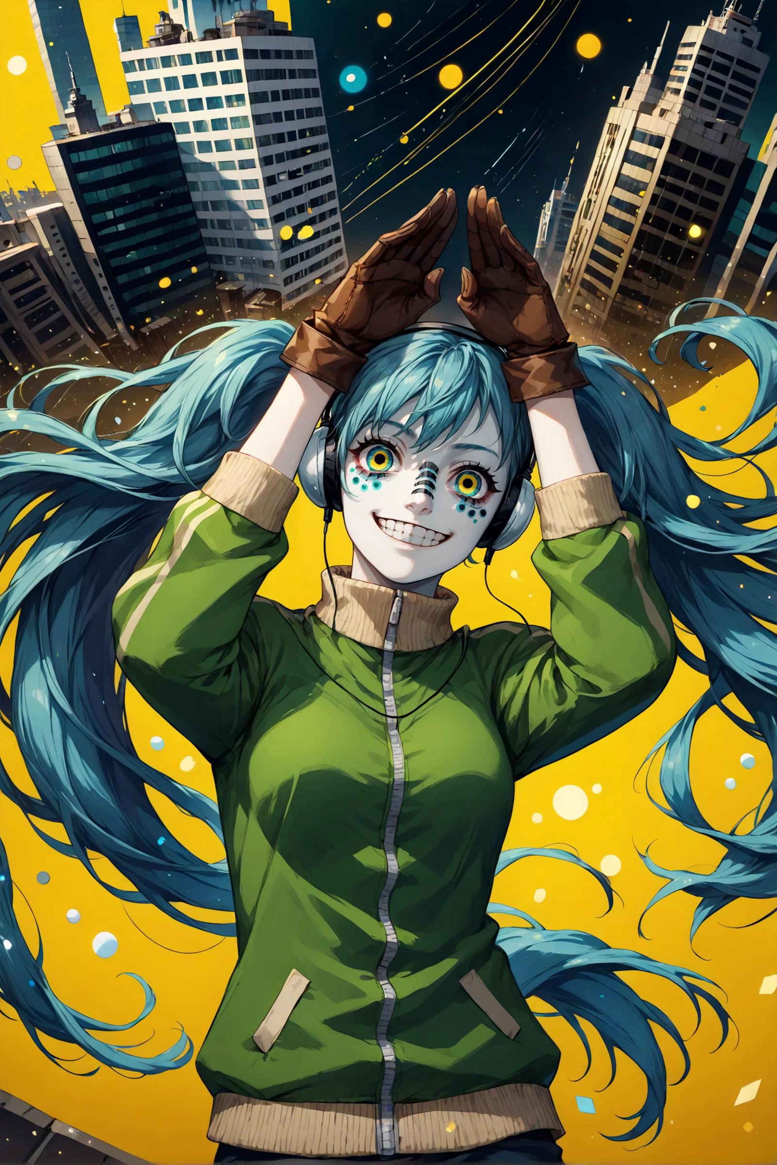 score_9, source_anime, score_7_up, 1girl, solo, <lora:vocaloid_matryoshkamiku_ponyXL:1> matryoshkamiku, blue twintails, multicolored eyes, headphones, green jacket, track jacket, brown gloves, <lora:NoctAbstractConcept:0.5> abstract, yellow monochrome background, flat colors, particles, colorful, rabbit pose, bunny pose, creepy smile, floating hair, windy, gray buildings outline, city background, rotational, pale skin, teeth, hands on top of own head