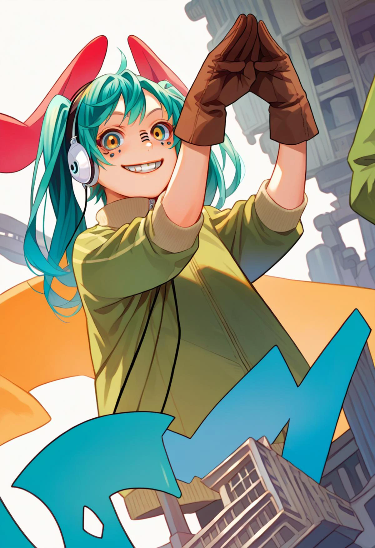 <lora:vocaloid_matryoshkamiku_ponyXL:1> matryoshkamiku, aqua hair, twintails, multicolored eyes, headphones, green jacket, track jacket, brown gloves, grin, rabbit pose, hands on own head, full body, <lora:Range_murata_PonyXL_style_v01:1>, score_9, score_8_up, score_7_up, source_anime,