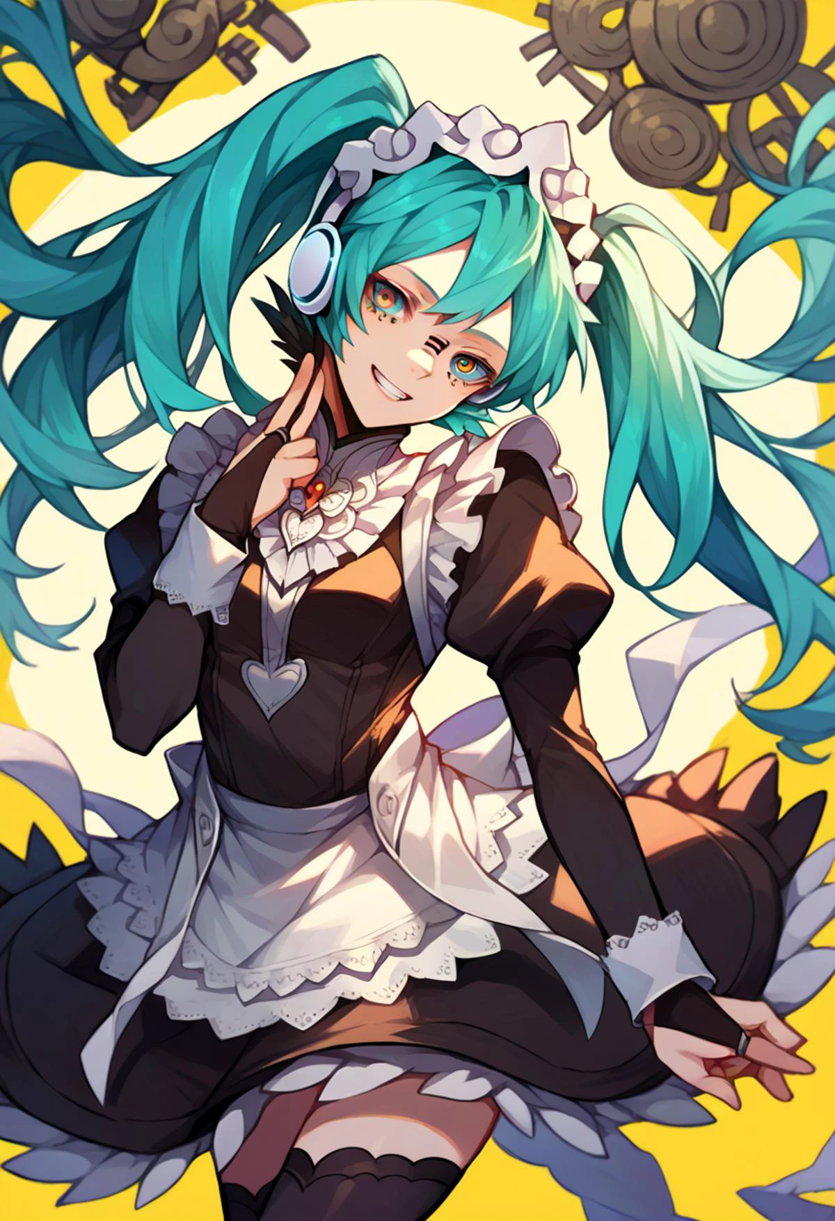 <lora:vocaloid_matryoshkamiku_ponyXL:1> matryoshkamiku, aqua hair, twintails, multicolored eyes, headphones, grin, head tilt, <lora:fatesmaid-fe-richy-v1_pdxl:0.8> fates maid, maid headdress, maid apron, bridal gauntlets, black thighhighs, full body,, score_9, score_8_up, score_7_up, source_anime,