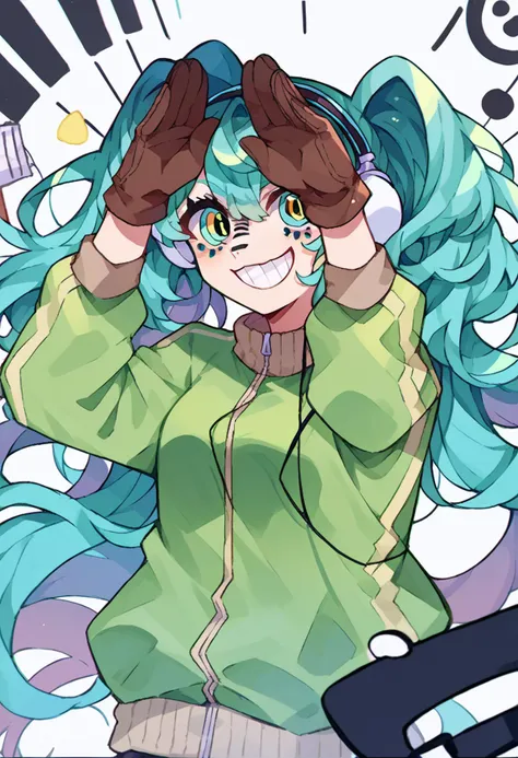 <lora:vocaloid_matryoshkamiku_ponyXL:1> matryoshkamiku, aqua hair, twintails, multicolored eyes, headphones, green jacket, track jacket, brown gloves, grin, rabbit pose, hands on own head,   <lora:Momoiiroo_Art_Style_PonyXL:1> momoiiroo, full body,, score_9, score_8_up, score_7_up, source_anime,