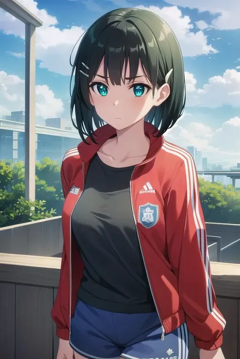 suguhakirigaya, <lora:suguha kirigaya s1-lora-nochekaiser:1>, 
suguha kirigaya, short hair, black hair, hair ornament, hairclip, (green eyes:1.3),
BREAK jacket, shorts, short shorts, blue shorts, track jacket, dolphin shorts, gym shorts, (red jacket:1.2), shirt, (black shirt:1.2),
BREAK outdoors, nature, forest, sun, sky,
BREAK looking at viewer, (cowboy shot:1.5),
BREAK <lyco:GoodHands-beta2:1>, (masterpiece:1.2), best quality, high resolution, unity 8k wallpaper, (illustration:0.8), (beautiful detailed eyes:1.6), extremely detailed face, perfect lighting, extremely detailed CG, (perfect hands, perfect anatomy),