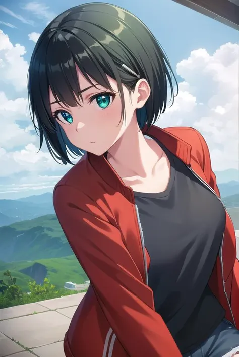 suguhakirigaya, <lora:suguha kirigaya s1-lora-nochekaiser:1>, 
suguha kirigaya, short hair, black hair, hair ornament, hairclip, (green eyes:1.3),
BREAK jacket, shorts, short shorts, blue shorts, track jacket, dolphin shorts, gym shorts, (red jacket:1.2), shirt, (black shirt:1.2),
BREAK outdoors, nature, forest, sun, sky,
BREAK looking at viewer, (cowboy shot:1.5),
BREAK <lyco:GoodHands-beta2:1>, (masterpiece:1.2), best quality, high resolution, unity 8k wallpaper, (illustration:0.8), (beautiful detailed eyes:1.6), extremely detailed face, perfect lighting, extremely detailed CG, (perfect hands, perfect anatomy),