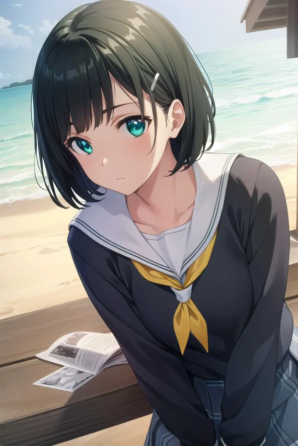 suguhakirigaya, <lora:suguha kirigaya s1-lora-nochekaiser:1>,
suguha kirigaya, short hair, black hair, hair ornament, hairclip, (green eyes:1.3),
BREAK skirt, school uniform, pantyhose, pleated skirt, serafuku, sweater, grey serafuku, neckerchief, yellow neckerchief, grey skirt,
BREAK outdoors, nature, forest, sun, sky,
BREAK looking at viewer, (cowboy shot:1.5),
BREAK <lyco:GoodHands-beta2:1>, (masterpiece:1.2), best quality, high resolution, unity 8k wallpaper, (illustration:0.8), (beautiful detailed eyes:1.6), extremely detailed face, perfect lighting, extremely detailed CG, (perfect hands, perfect anatomy),