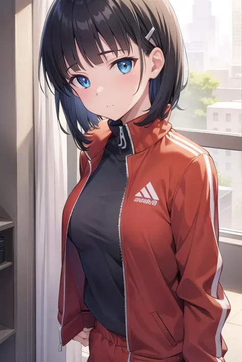 suguhakirigaya, <lora:suguhakirigayatest:1>,
suguha kirigaya, (green eyes:1.2), hair ornament, hairclip, short hair, black hair,
BREAK jacket, track jacket, (red track jacket:1.5), zipper, shorts, short shorts,
BREAK looking at viewer,
BREAK indoors,
BREAK <lyco:GoodHands-beta2:1>, (masterpiece:1.2), best quality, high resolution, unity 8k wallpaper, (illustration:0.8), (beautiful detailed eyes:1.6), extremely detailed face, perfect lighting, extremely detailed CG, (perfect hands, perfect anatomy),