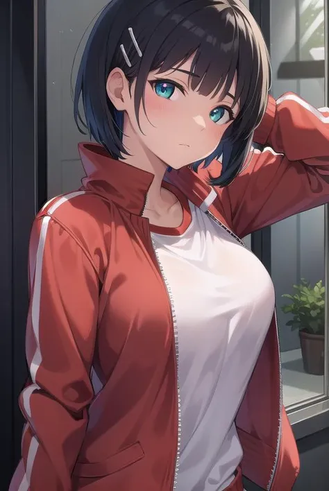 suguhakirigaya, <lora:suguhakirigayatest:1>,
suguha kirigaya, (green eyes:1.2), hair ornament, hairclip, short hair, black hair,
BREAK jacket, track jacket, (red track jacket:1.5), zipper, shorts, short shorts,
BREAK looking at viewer,
BREAK indoors,
BREAK <lyco:GoodHands-beta2:1>, (masterpiece:1.2), best quality, high resolution, unity 8k wallpaper, (illustration:0.8), (beautiful detailed eyes:1.6), extremely detailed face, perfect lighting, extremely detailed CG, (perfect hands, perfect anatomy),