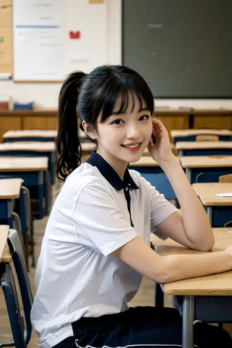 Cute,Beautiful woman,Idol,20 years old,Slightly made up,Twin-tail,Smiling,Facing front,In school