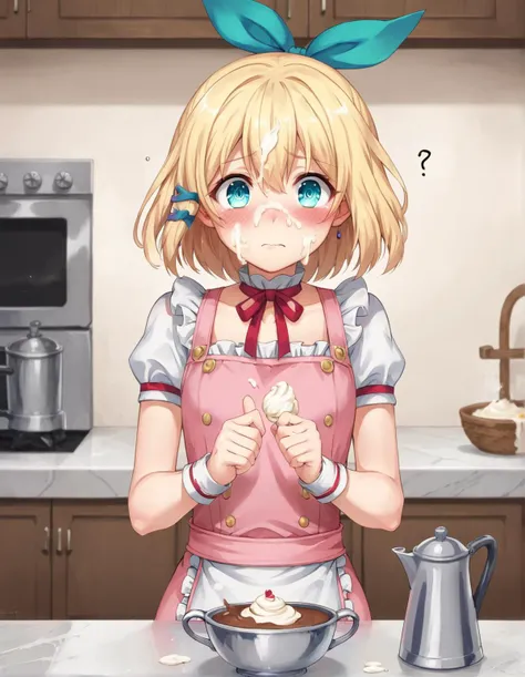 score_9, score_8_up, score_7_up, Rumia Tingel, masterpiece, best quality, 1girl, vibrant, vivid, high saturation, beautiful, highly detailed, intricate details, perfect face, perfect eyes, detailed eyes, global illumination, cute, pink apron, flatchest, petite, flustered, confused, blushing, embarrassed, shy, kitchen, cream on face, messy, stirring cream, frills, mixer