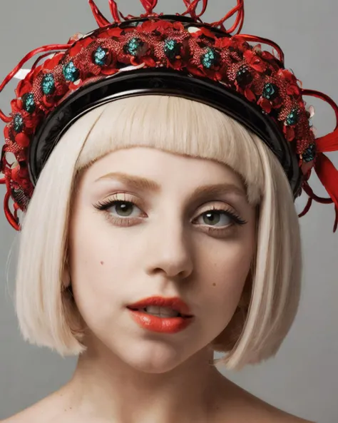 gggg, woman with blonde hair wearing a red avant garde futuristic headpiece, clear dark background, android mystic, 2009 <lora:diffusiondesign_gggg1_V1-15:1>