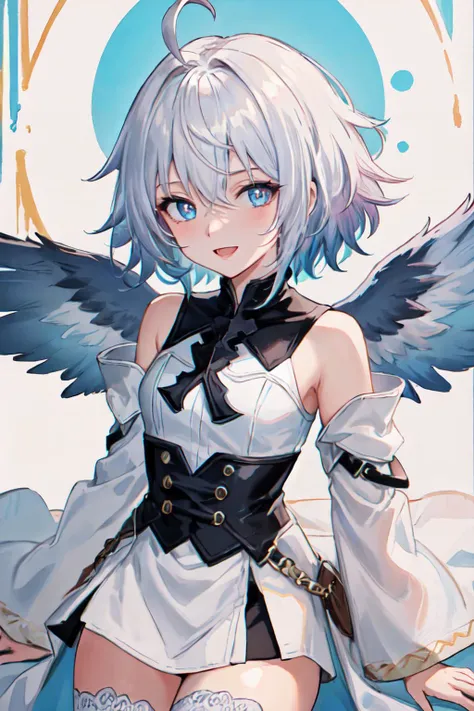 (best quality, masterpiece, RAW photo,ultra-detailed:1.2),1girl,solo,
wamdus<lyco:wamdus:0.8>thst, ahoge, blue eyes, solo, white thighhighs, symbol-shaped pupils, bare shoulders, bangs, hair between eyes, white hair, detached sleeves, short hair, sleeveless, dress, animal ears, white dress, long sleeves BREAK :d,
