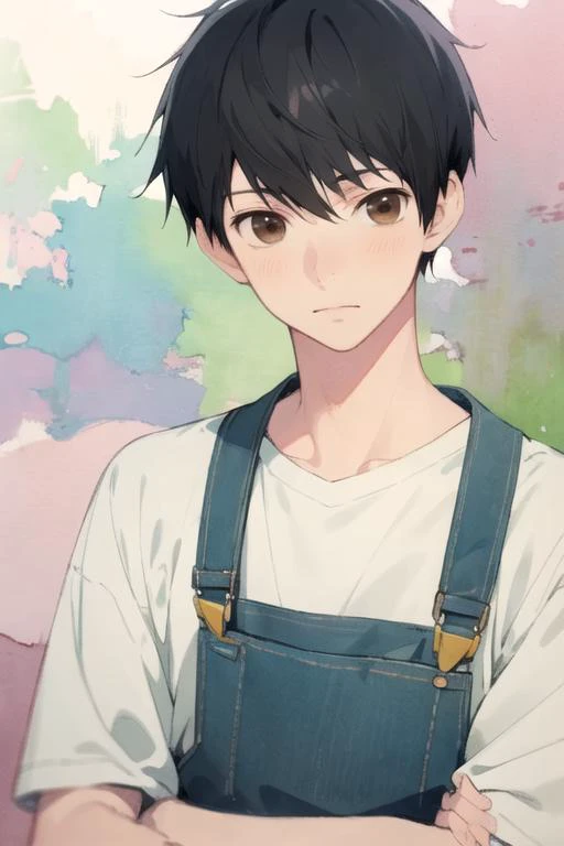 masterpiece, best quality, wallpaper, 1boy, solo, male focus, looking at viewer, upper body, depth of field, (watercolor illustration, soft pastel colors:1.1), realistic, <lora:kazuomi_inui:0.74>, kazuomi_inui, black hair, brown eyes, overalls, , fantasy,