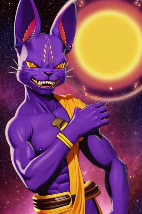 solo, standing, floating in space, (beerus:1.3) <lora:beerus-v1_4040:1>, colored skin, teeth, egyptian clothes, purple skin, jewelry, male focus, earrings, sharp teeth, black nails, animal ears, head rest, colored sclera, yellow sclera, realistic