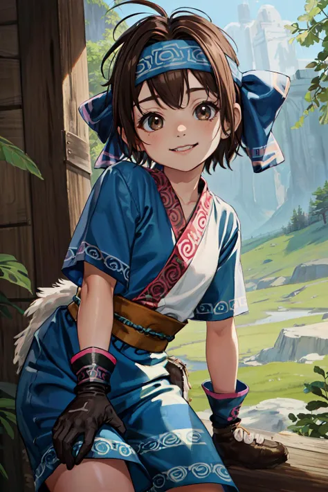 (best quality, masterpiece, RAW photo,ultra-detailed:1.2), <lyco:GoodHands-beta2:1.0>,1girl,solo,looking at viewer,smile  <lyco:anime_minimalist_v1-000020:-0.3>  rimururums, ainu clothes, breasts, headband, gloves,brown short hair, <lyco:RimururuMS:0.8> small breasts,  AS-YoungerV2