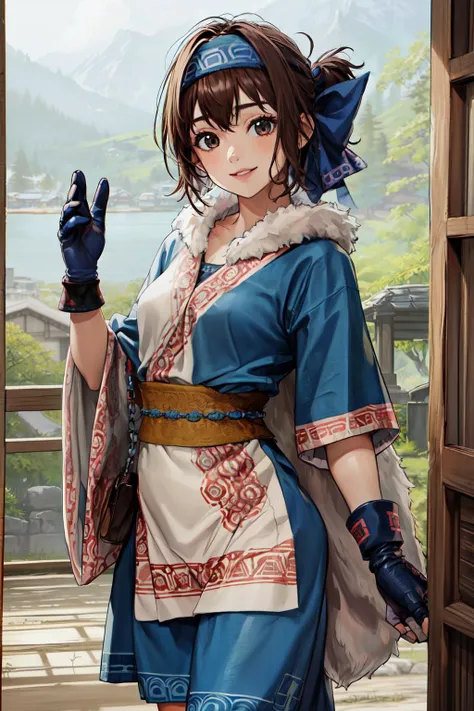 (best quality, masterpiece, RAW photo,ultra-detailed:1.2), <lyco:GoodHands-beta2:1.0>,1girl,solo,looking at viewer,smile  <lyco:anime_minimalist_v1-000020:-0.6>  rimururums, ainu clothes, breasts, headband, gloves,brown short hair, <lyco:RimururuMS:0.8> small breasts,
