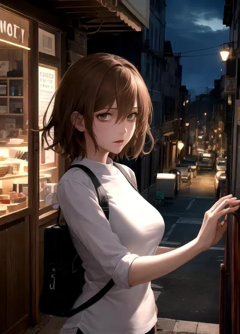 (best quality, masterpiece, official art, highres:1.2), extremely detailed CG unity 8k wallpaper, ultra detailed, portrait shot of slutty girl, eye contact, short shirt, city background, medium breasts, brown hair, short hair, <lora:Misaka_Worst_B:1>, (bags under eyes),