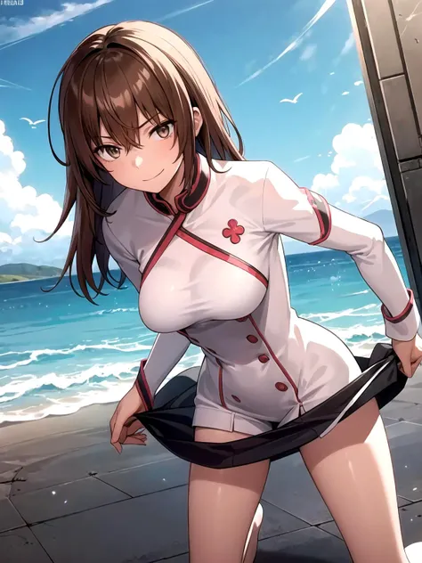 1girl, <lora:Misaka_Worst_V5:0.7>, (solo), bkoody, sexy, uniform, brown hair