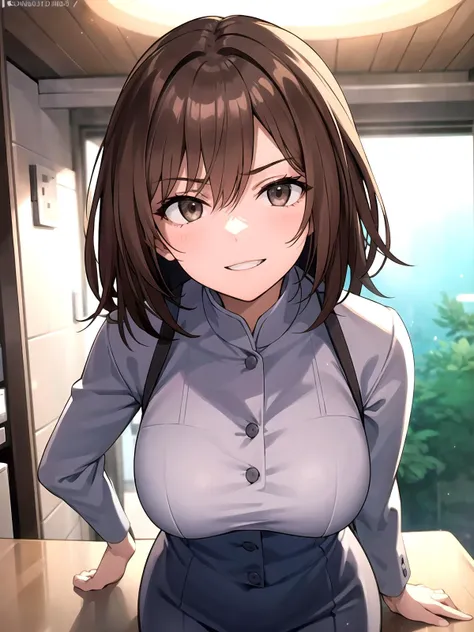 1girl,  <lora:Misaka_Worst_V3:0.7>,  (solo), bkoody, sexy, uniform, brown hair