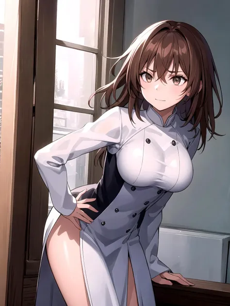 1girl, <lora:Misaka_Worst_V5:0.7>, (solo), bkoody, sexy, uniform, brown hair