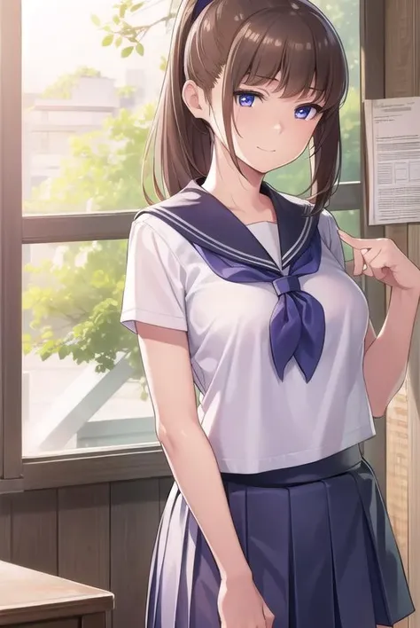 risaoneechan, <lyco:risaoneechan-lyco-nochekaiser:1>,
risa oneechan, medium hair, bangs, (brown hair:1.2), (purple eyes:1.2), ponytail, <lora:sensualface_type3:1>, smile,
BREAK skirt, shirt, school uniform, white shirt, short sleeves, pleated skirt, outdoors, serafuku, sailor collar, blue skirt, neckerchief,
BREAK indoors, classroom,
BREAK looking at viewer, (cowboy shot:1.5),
BREAK <lyco:GoodHands-beta2:1>, (masterpiece:1.2), best quality, high resolution, unity 8k wallpaper, (illustration:0.8), (beautiful detailed eyes:1.6), extremely detailed face, perfect lighting, extremely detailed CG, (perfect hands, perfect anatomy),