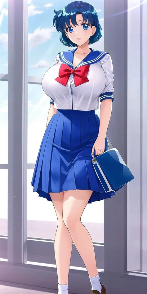 <lora:mizuno_amiV5:.7> mizuno_ami, huge_breasts, standing, solo, school_uniform_blue_serafuku_blue_back_bow_red_bowtie, masterpiece, best quality, detailed face, detailed eyes, highres,