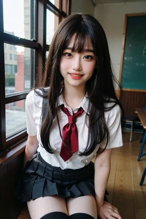 (Maste Piece, Best Quality: 1.2), 8K, Official Art, Raw Photo, Incredibly Ridiculous, (Upper Body, Sailor Uniform, Serafuku, Warizashi Sitting: 1.4), Beautiful Girl, Idol face, Japanese girl, twintails, arched back, pleated skirt, thighs, close-up of breasts, school uniform, smile, Yuko, Violacea, , classroom, looking at viewer, no makeup , Film Grain, Chromatic Aberration, Tits Sharp Focus, Face Light, Dynamic Lighting, Cinematic Lighting, Detailed Face, Bokeh Background, (Dark Red Bow Tie:1.3)