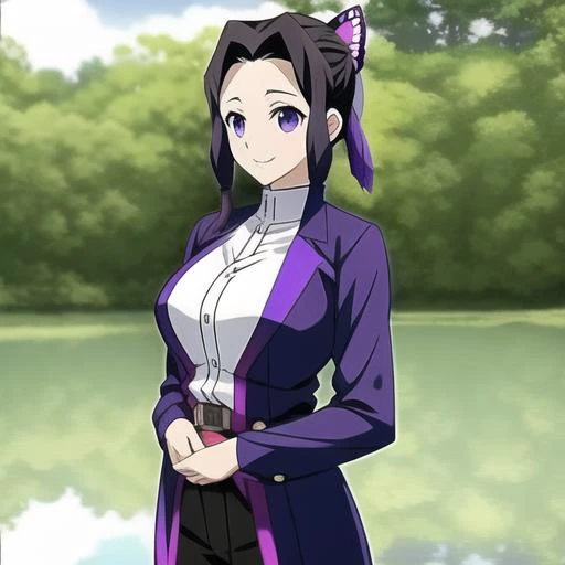 masterpiece, best quality, ultra-detailed, 1girl, shinobukochou, solo, multicolored hair, no bangs, hair intakes, purple eyes, forehead, wisteria, black shirt, black pants, haori, butterfly, standing waist-deep in the crystal clear water of a tranquil pond, peaceful expression, surrounded by lush green foliage and wildflowers, falling petals, falling leaves, large breasts, cowboy shot, buttons, belt, light smile