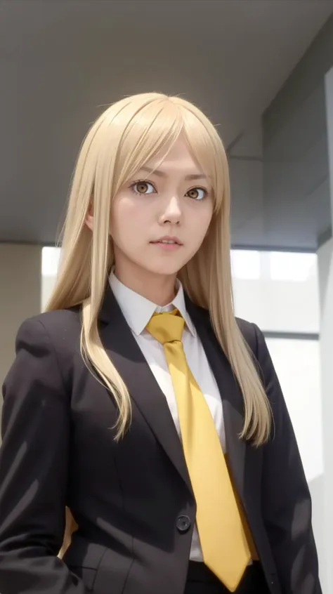 masterpiece, best quality,
 <lora:Kaji-20:0.7> Kaji, blonde hair, long hair, yellow eyes, parted bangs,
girl,
business suit, necktie,