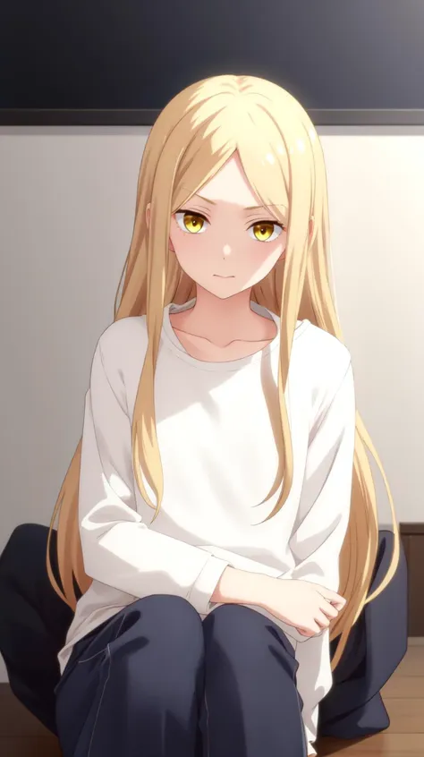 masterpiece, best quality,
 <lora:Kaji-20:0.7> Kaji, blonde hair, long hair, yellow eyes, parted bangs,
pants, white shirt, long sleeves,
stern look,