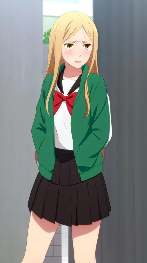 masterpiece, best quality,
 <lora:Kaji-20:0.8> Kaji, blonde hair, long hair, yellow eyes, parted bangs,
school uniform, black skirt, pleated skirt, green jacket, serafuku, long sleeves, open clothes, shirt, open jacket, white shirt, sailor collar, red bowtie,
(embarrassed, ),shy, nervous, looking to the side