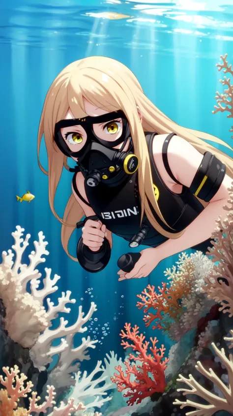 masterpiece, best quality,
 <lora:Kaji-20:0.7> Kaji, blonde hair, long hair, yellow eyes, parted bangs, diving mask, 
(underwater), scuba gear,  diving, coral reef,  scuba gear, 
colorful (fish),