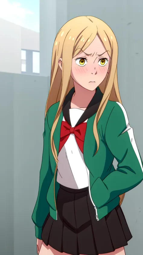 masterpiece, best quality,
 <lora:Kaji-20:0.8> Kaji, blonde hair, long hair, yellow eyes, parted bangs,
school uniform, black skirt, pleated skirt, green jacket, serafuku, long sleeves, open clothes, shirt, open jacket, white shirt, sailor collar, red bowtie,
(embarrassed, ),shy, nervous, looking to the side