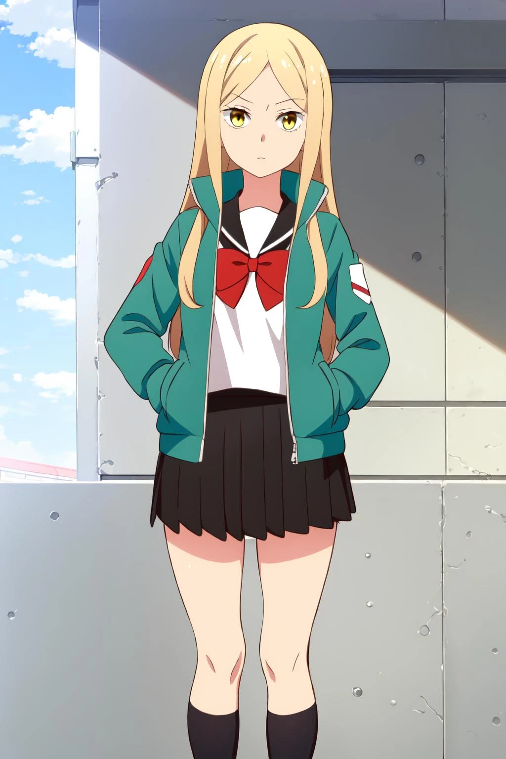 (extremely detailed CG unity 8k wallpaper),(masterpiece),(best quality),(ultra-detailed),(best illustration),(best shadow),(absurdres), <lora:Kaji-20:0.8>,Kaji, 1girl, solo, blonde hair, long hair, school uniform, yellow eyes, skirt, jacket, bow, serafuku, black jacket, open clothes, pleated skirt, red bow, sailor collar, looking at viewer, day, open jacket, parted bangs, black skirt, bangs, sky, shirt, window, blue sky, long sleeves, cloud, white shirt, bowtie, parody, red bowtie, outdoors, indoors