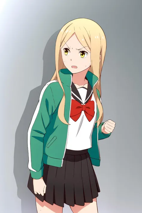 (extremely detailed CG unity 8k wallpaper),(masterpiece),(best quality),(ultra-detailed),(best illustration),(best shadow),(absurdres), <lora:Kaji-20:0.8>,Kaji, 1girl, solo, long hair, blonde hair, skirt, school uniform, open mouth, black skirt, jacket, yellow eyes, pleated skirt, green jacket, serafuku, red bow, long sleeves, bow, open clothes, shirt, open jacket, white shirt, sailor collar, sweatdrop, looking to the side, bangs, parted bangs, red bowtie, cowboy shot, bowtie, grey background, simple background, v-shaped eyebrows, collarbone, standing, gradient background, gradient, looking away, sweat