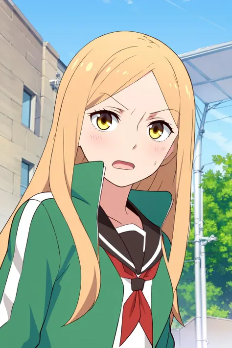 (extremely detailed CG unity 8k wallpaper),(masterpiece),(best quality),(ultra-detailed),(best illustration),(best shadow),(absurdres), <lora:Kaji-20:0.7>,Kaji, 1girl, solo, long hair, blonde hair, school uniform, yellow eyes, jacket, open mouth, green jacket, serafuku, parted bangs, upper body, outdoors, track jacket, bangs, sailor collar, looking to the side, shirt, day, v-shaped eyebrows, red neckerchief, forehead, open jacket