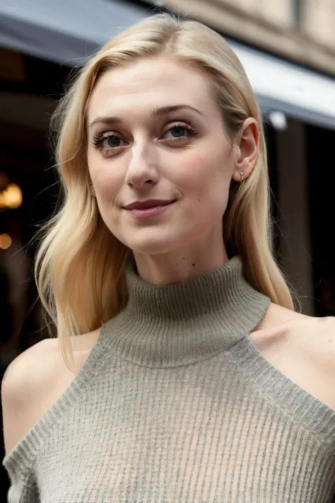 elizabethD1 piercing eyes, looking straight, very happy,long hair, wearing an off-shoulder sweater, choker, closeup portrait, in a outdoor cafe in 2015, afternoon light