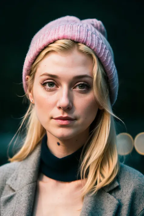 elizabethD1 , medium length blonde with pink highlights hair, (minimal ambient light), low light, night, gloomy, moody, fog, bokeh, background is night city, streetwear, beanie, scarf