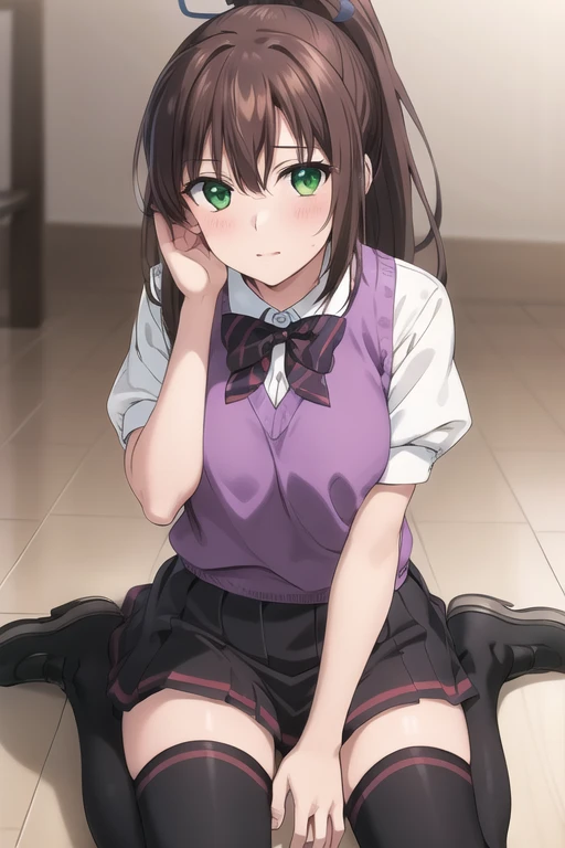 masterpiece, best quality,1girl,solo,<lora:sayaka:0.6>,kirasaka sayaka,brown hair,long hair,ponytail, hair ribbon, green eyes,school uniform, bowtie,purple thighhighs, wariza, indoors,hands on own face, looking at viewer, 