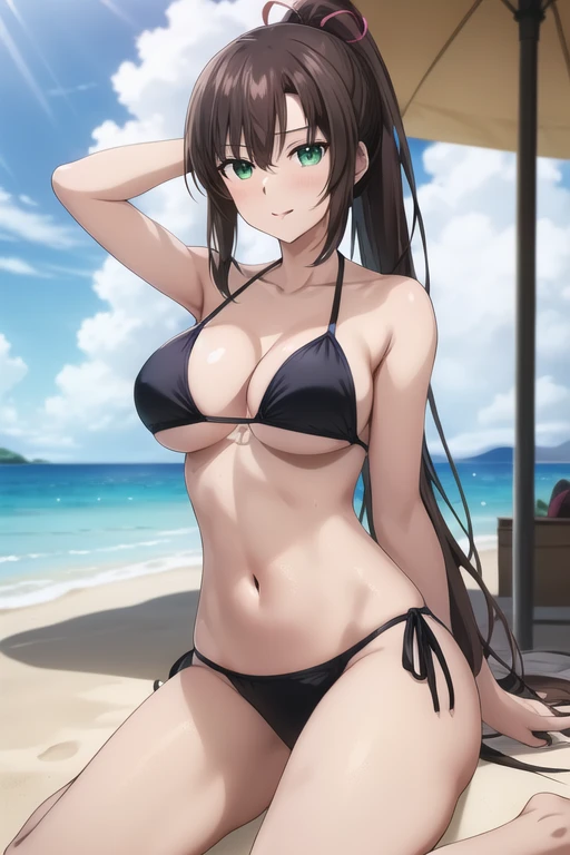 masterpiece, best quality,1girl,solo,<lora:sayaka:0.6>,kirasaka sayaka,brown hair,long hair,ponytail, hair ribbon, green eyes,bikini, beach, sunlight, cloudy sky, 