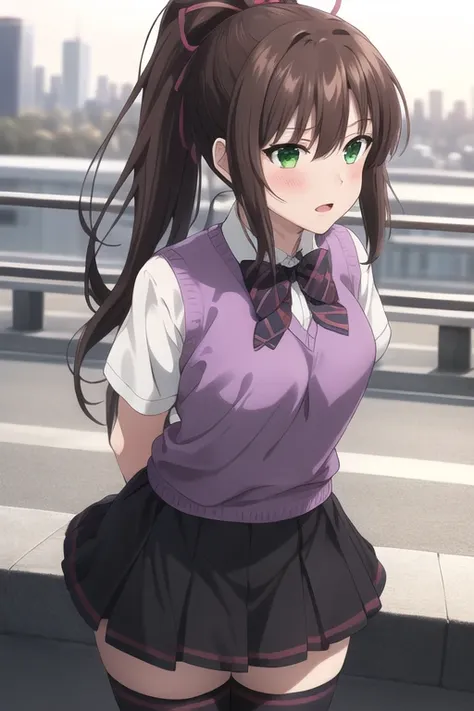 masterpiece, best quality,1girl,solo,<lora:sayaka:0.6>,kirasaka sayaka,brown hair,long hair,ponytail, hair ribbon, green eyes,school uniform, bowtie,purple thighhighs, outdoors,skyline,cityscape,tokyo \(city\),arms behind back, 