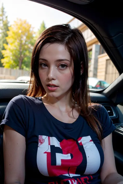 Beautiful girl, detailed blue eyes, long white niveous hair, detailed facial traits, she is dressed in a shirt, blowjob, there is a car behind (BMW M3 F90), male legs, male penis, huge earrings