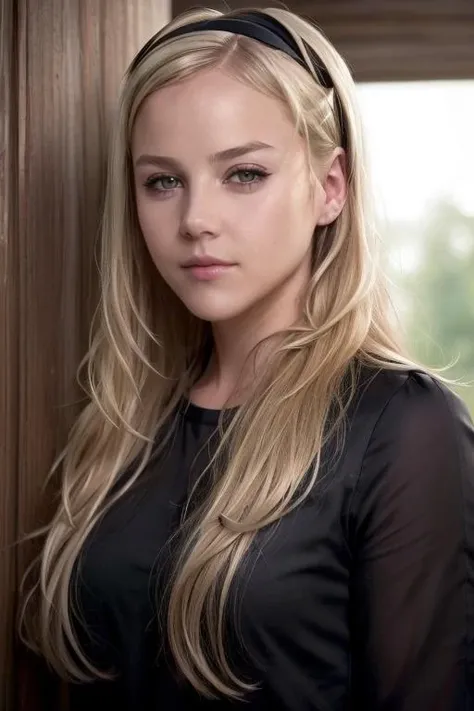 real, masterpiece, best quality, (detail skin texture, ultra-detailed body),
<lora:AbbieCornish_smf_lora_v02-000004:0.9>, 1girl, 4b6i3c-smf, solo, blonde hair, hairband, realistic, long hair, lips, black shirt, upper body, expressionless, brown eyes, smile