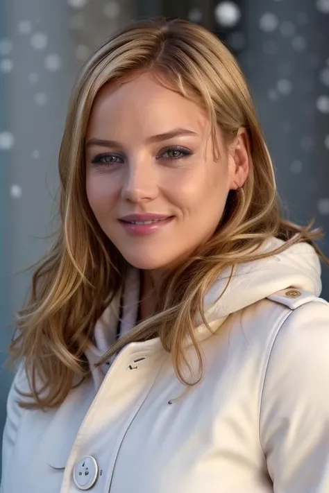 real, masterpiece, best quality, (detail skin texture, ultra-detailed body),
<lora:AbbieCornish_smf_lora_v02:0.9>, 1girl, 4b6i3c-smf wearing a winter coat outdoors full of snow, makeup, blonde hair, smile