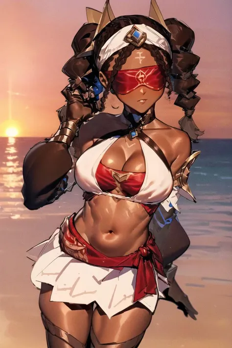 ((masterpiece,best quality)), 1girl, clearwater, brown hair, twintails, braid, headband, hair ornament, red blindfold, forehead, dark skin, breasts, cleavage, bare shoulders, detached sleeves, jewelry, gloves, midriff, skirt, thighhighs, outdoors, sunset, <lora:eremiteDesertClearwater_v10:1>