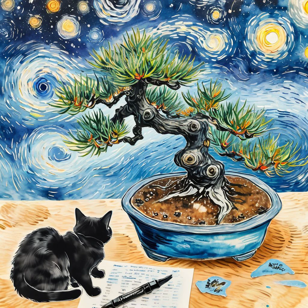 <lora:Ath_ink-painting_XL:1>,ink-painting,ink anf wash,painting \(medium\),traditionalmedia,watercolor\(medium\),A bonsai like tree with a cat sleeping under it ,<lora:Van_gogh_by_DevDope-000014>, Van gogh style,Painting of a men in Van gogh style,galaxy sky in van gogh style,, (masterpiece, best quality, high quality, highres, ultra-detailed),